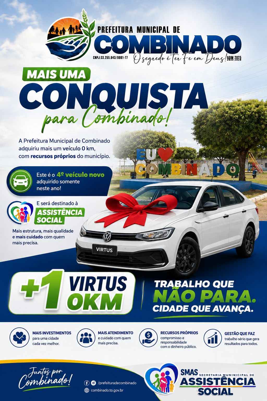Mais uma conquista para Combinado: Prefeitura adquire novo veículo 0 km com recursos próprios